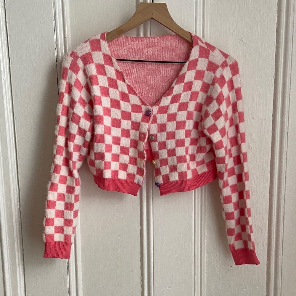 Pink and White Checkered Women's Sweater